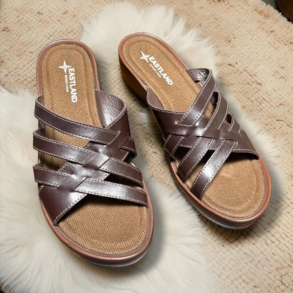 Eastland Womens Brown Poppy Strappy Memory Foam Wedge Slide Sandals Platform